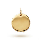 [group: 10k-gold] A round gold pendant charm with a top loop, featuring the engraved text 'ENGRAVE HERE' on a clean white background.