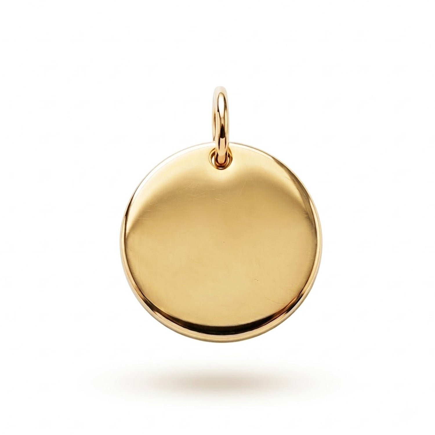 [group: 10k-gold] A round gold pendant charm with a top loop, featuring the engraved text 'ENGRAVE HERE' on a clean white background.