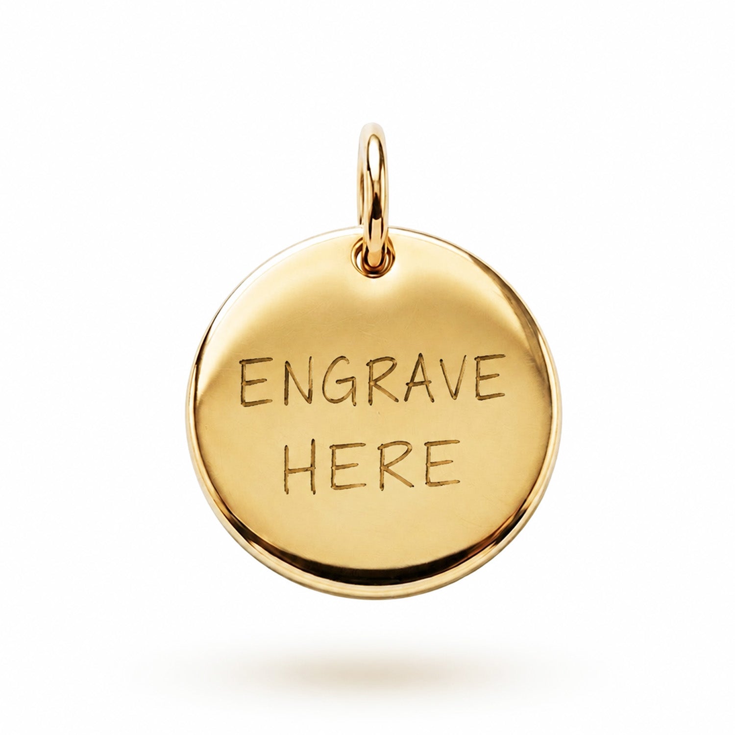 [group: 10k-gold] A round gold pendant charm with a top loop, featuring the engraved text 'ENGRAVE HERE' on a clean white background.