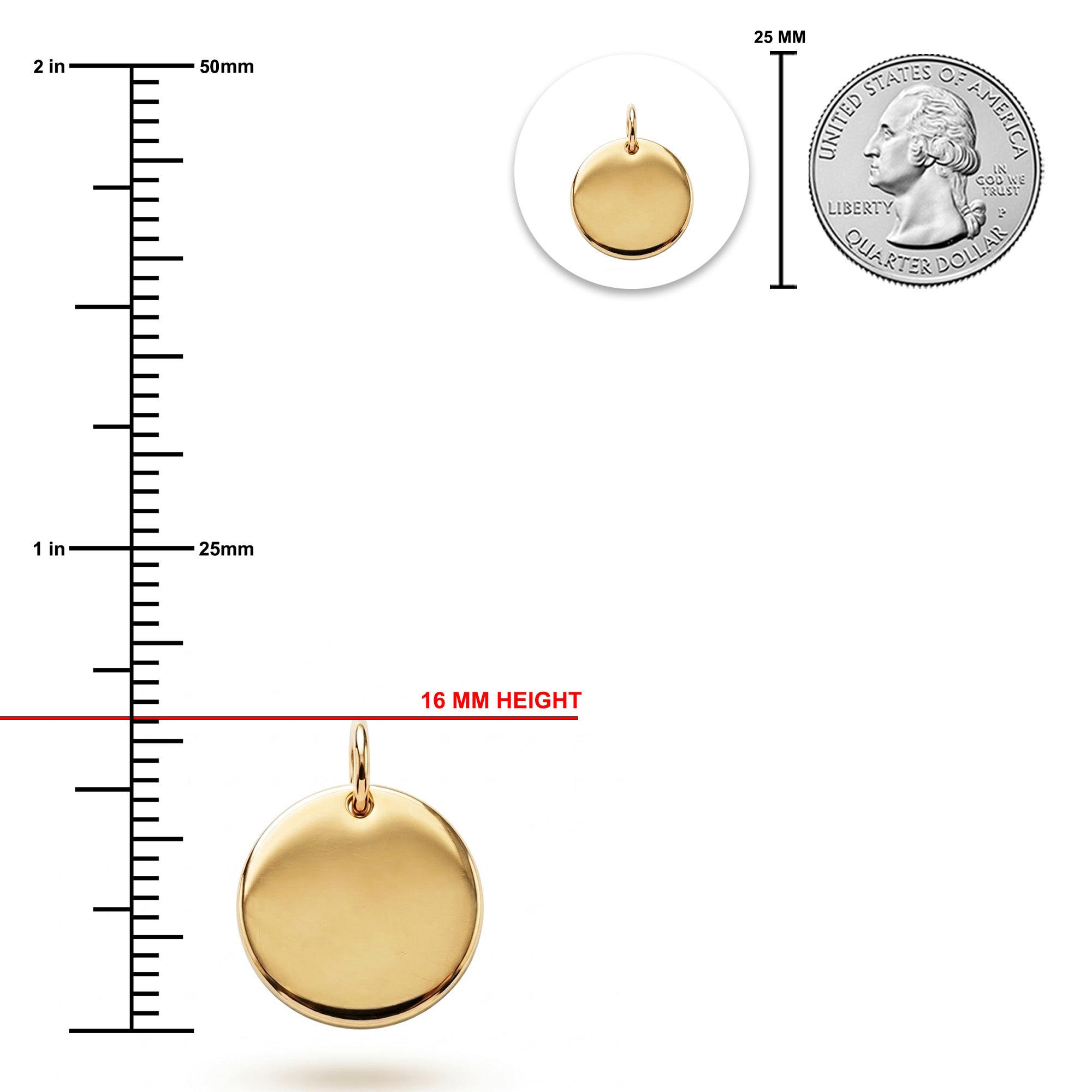 [group: 10k-gold] Gold round disc pendant shown with measurement markings, a 16 mm height label, a 25 mm scale bar, and a small inset comparison with a U.S.