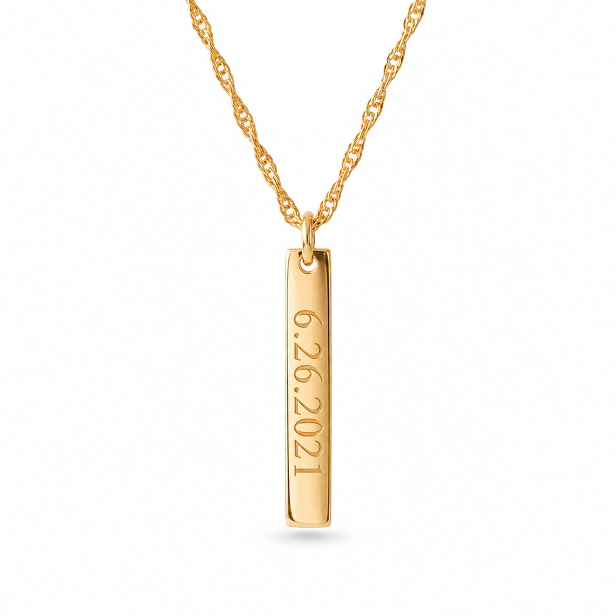 A gold-plated necklace featuring a vertical rectangular bar pendant engraved with the date '6.26.