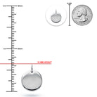 [group: silver] Silver round disc pendant with a bail, shown with measurement markings indicating 16 mm height and 25 mm diameter, alongside a US quarter coin for scale on a white background.