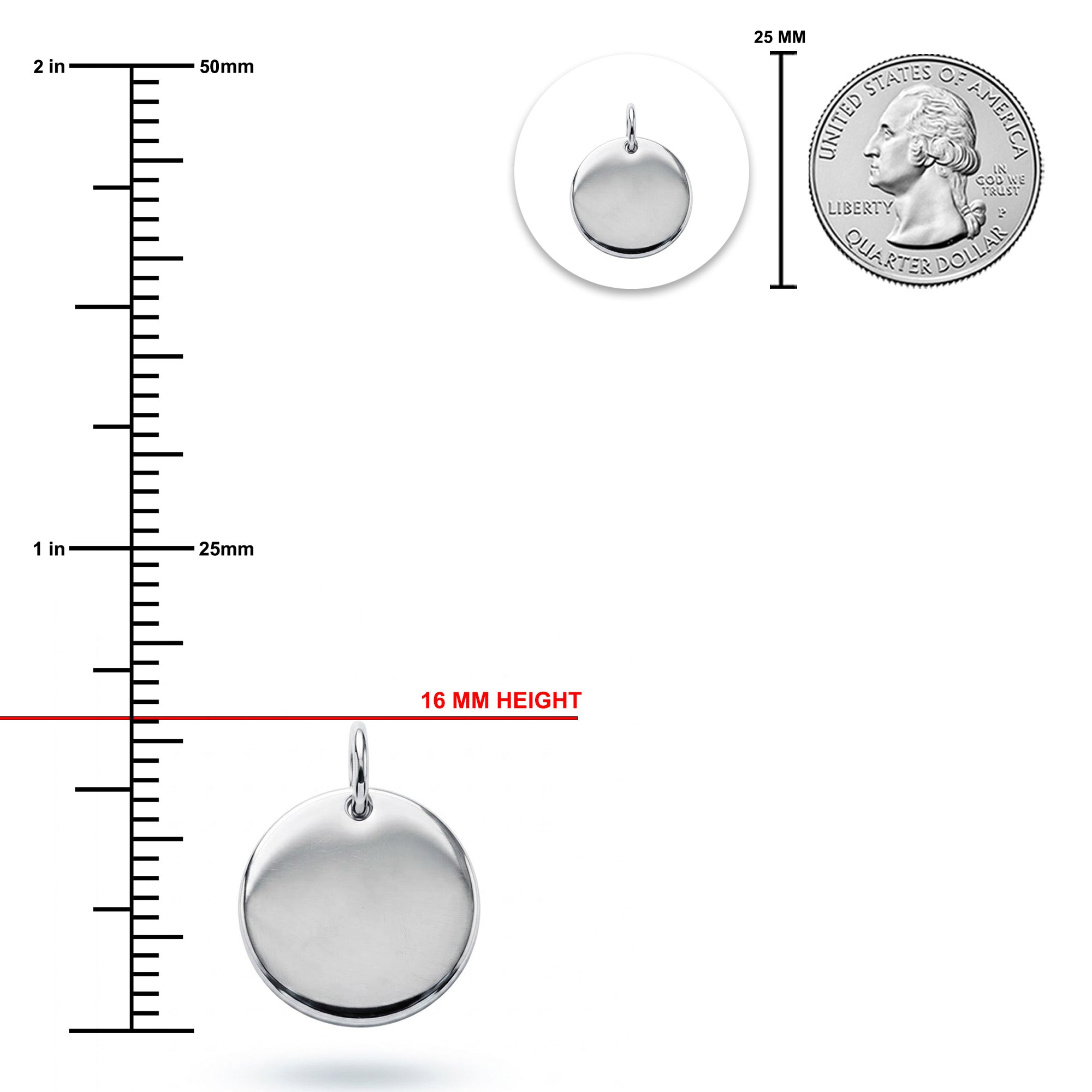 [group: silver] Silver round disc pendant with a bail, shown with measurement markings indicating 16 mm height and 25 mm diameter, alongside a US quarter coin for scale on a white background.