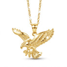 [group:gold-plated-large] Gold eagle pendant on a chain against a white background
