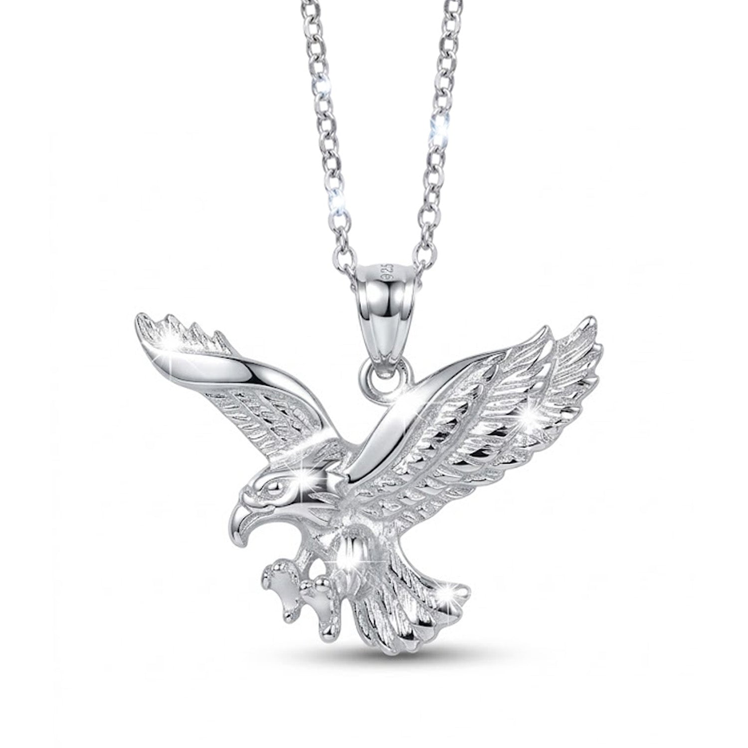 [group: silver-large] Silver eagle pendant necklace on a white background