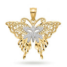A two-tone butterfly pendant in yellow gold and silver, featuring a butterfly design with intricate filigree wings and a dragonfly motif in the center, set against a plain white background.