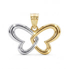 Two-tone heart-shaped butterfly pendant, one gold and one silver, on a white background