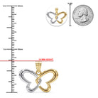 Gold and silver butterfly pendant with size measurements on a white background