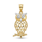 Gold owl pendant with a white gemstone on a white background