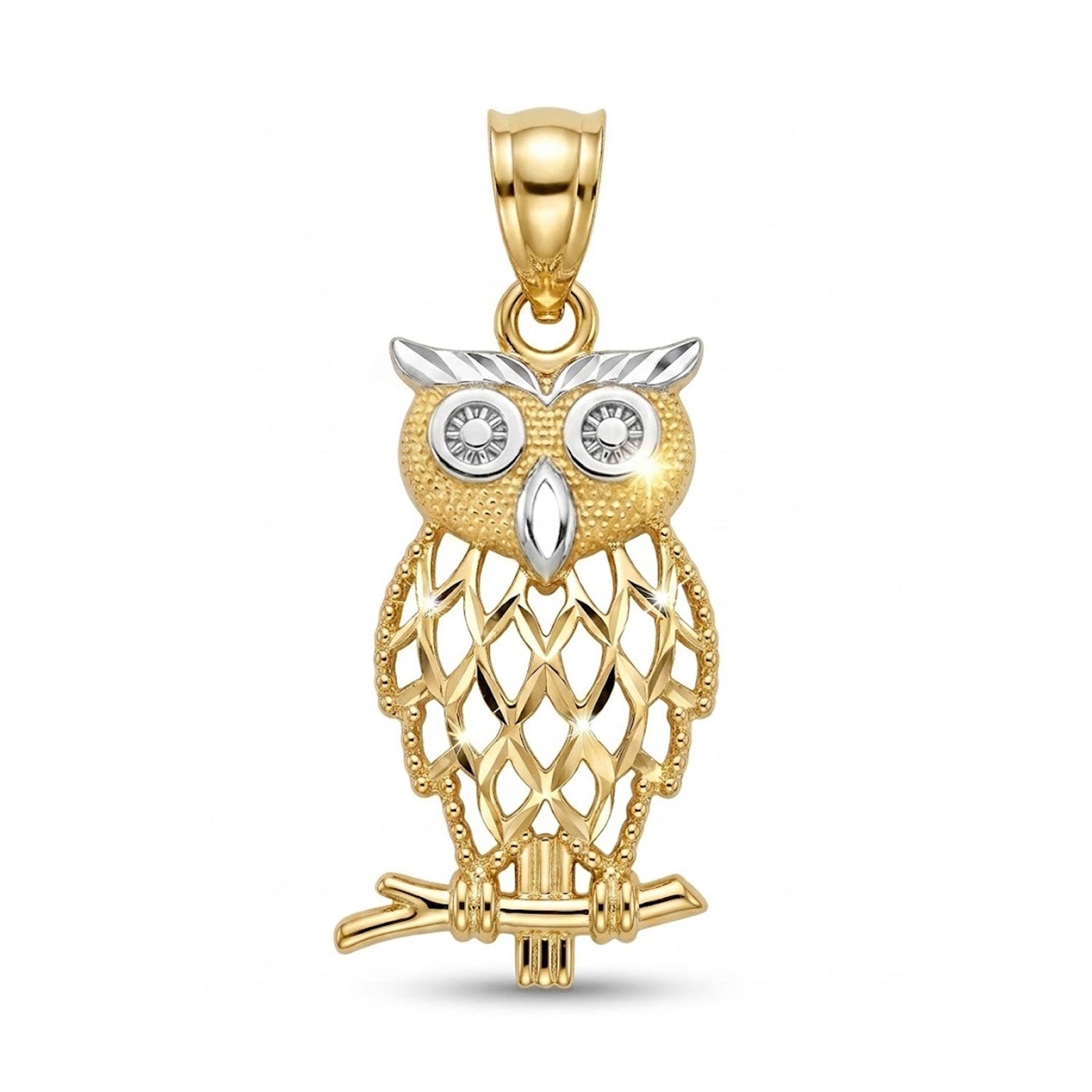 Gold owl pendant with a white gemstone on a white background