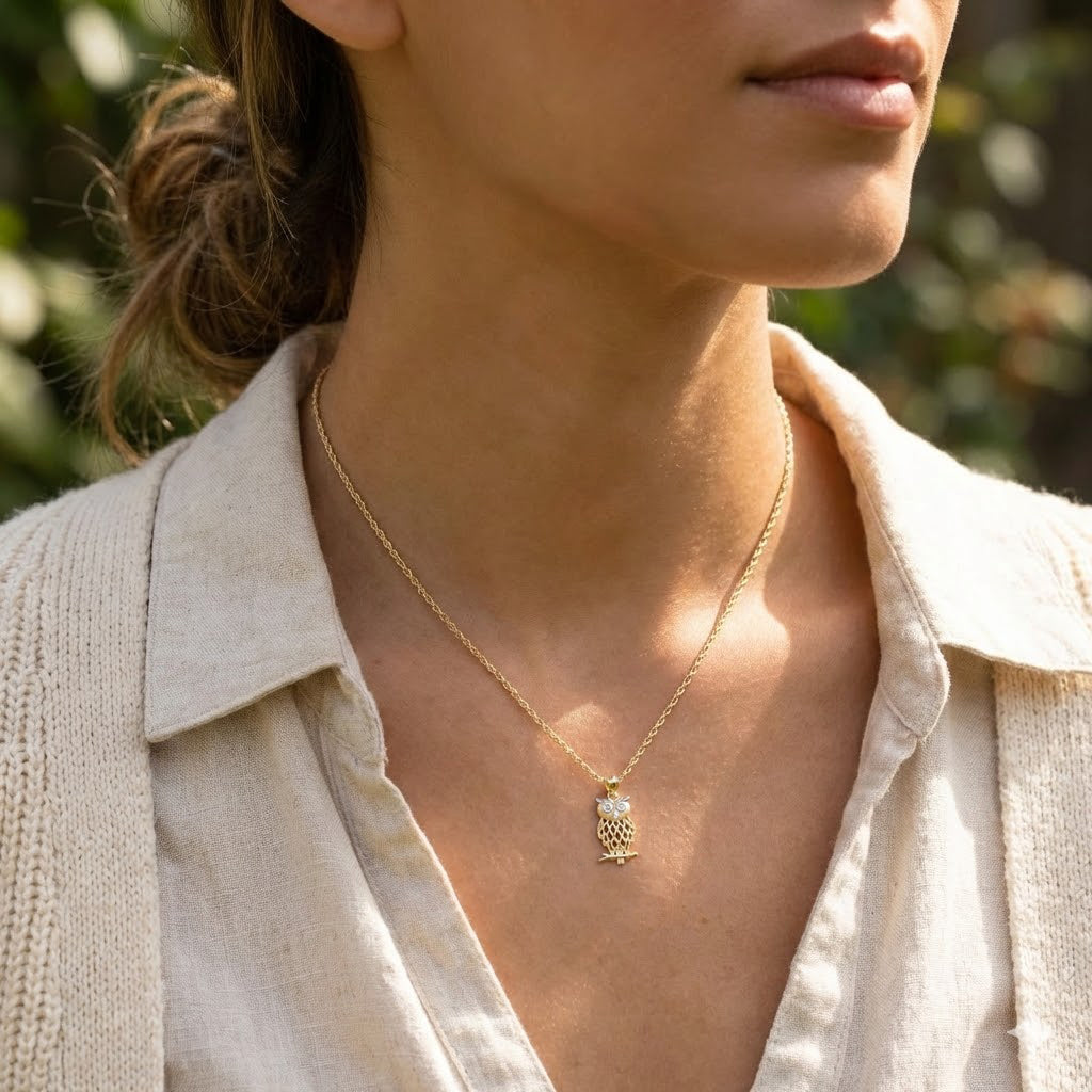 Woman wearing a gold necklace with an owl pendant outdoors
