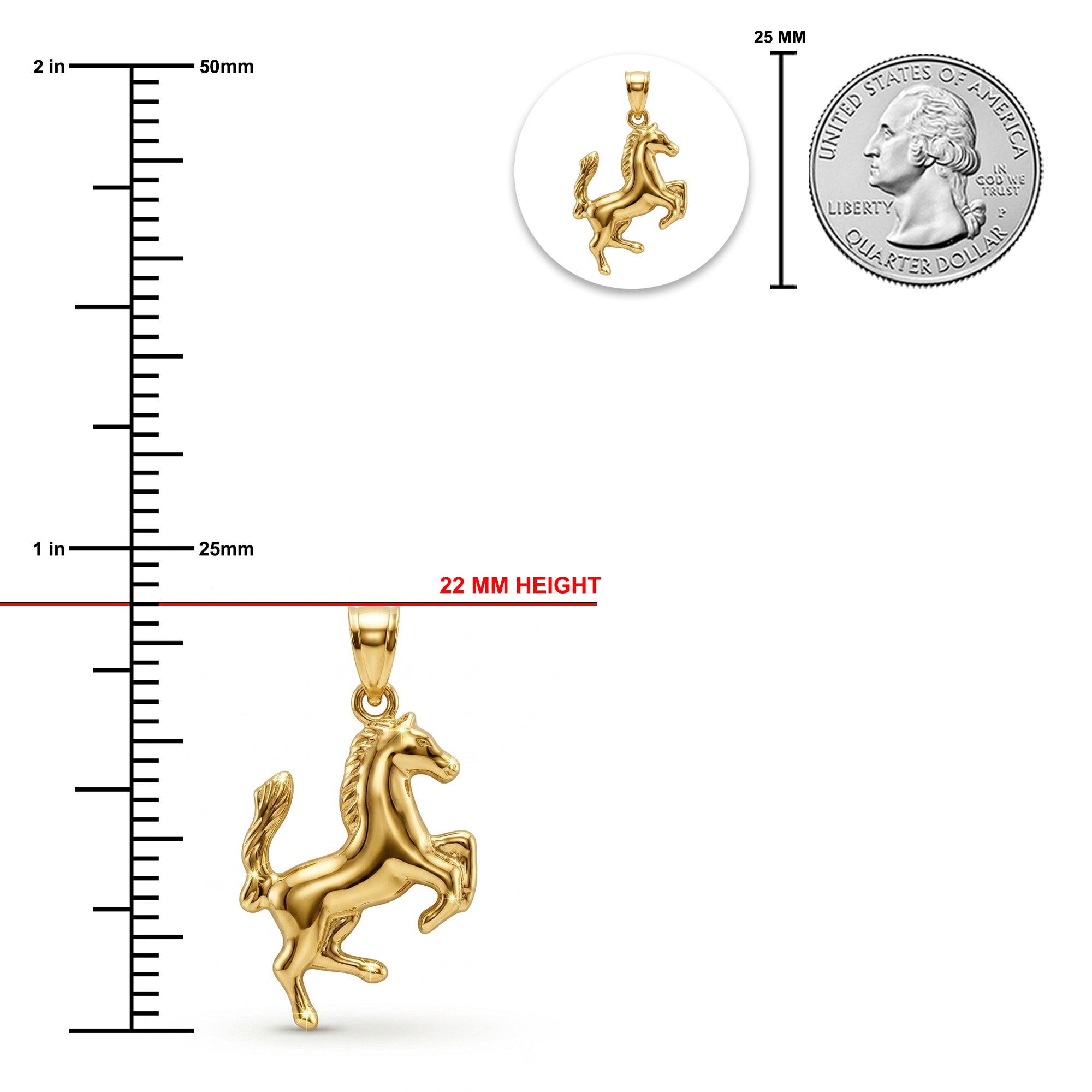 Gold horse pendant with measurements against a white background