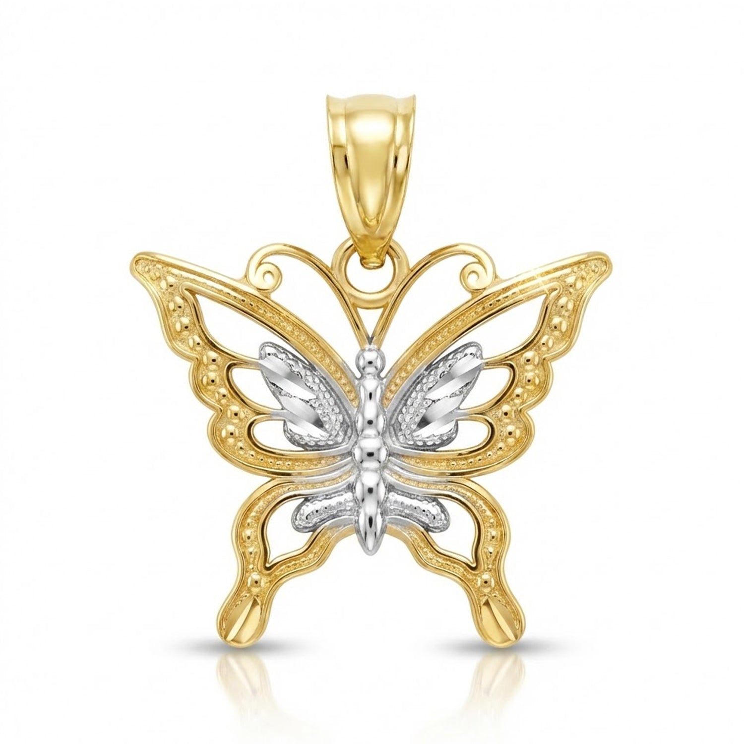 Gold butterfly pendant on a white background