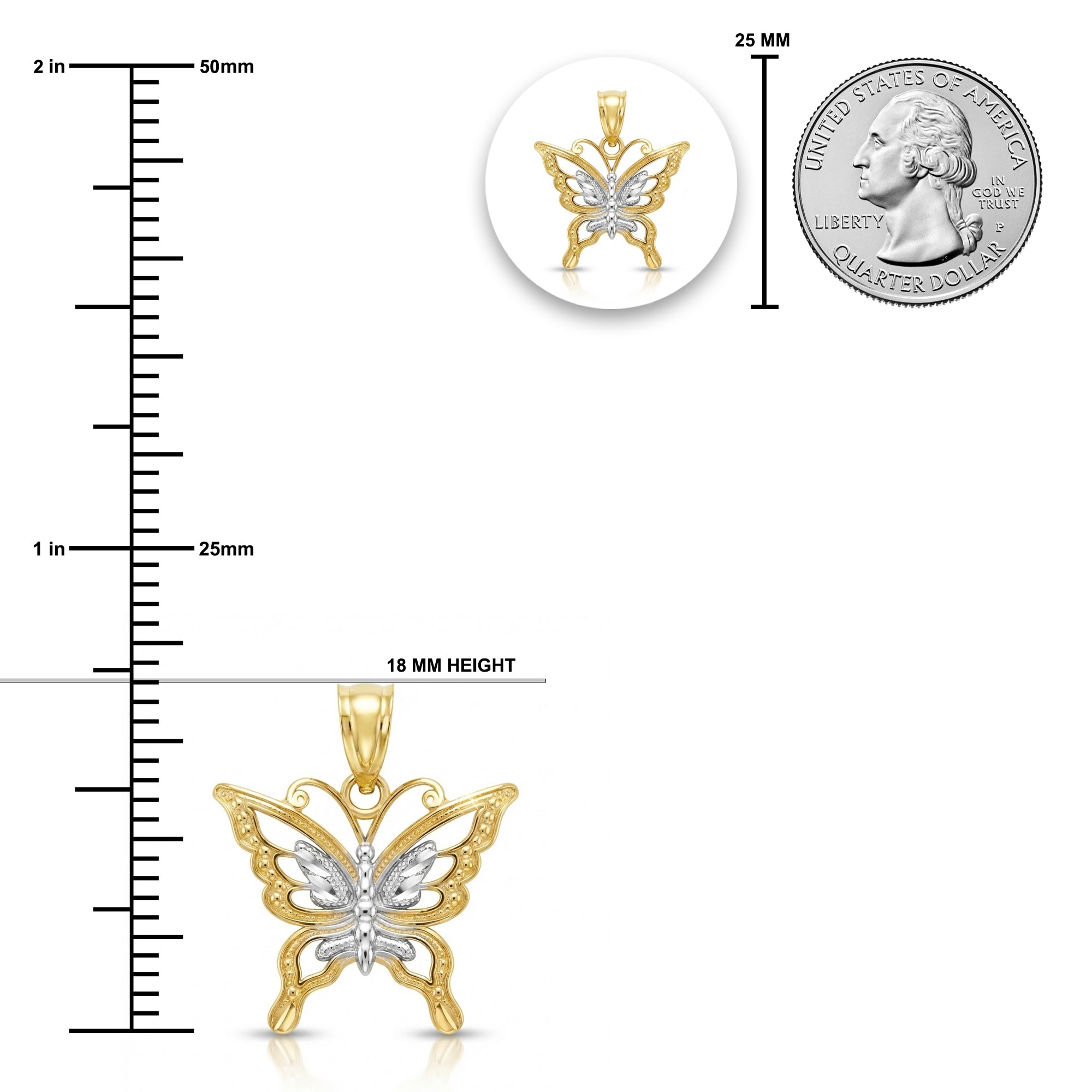 Butterfly pendant with gold and silver finish, shown with a ruler for scale and a quarter coin for reference.
