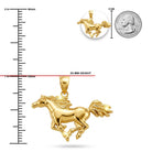 Gold horse pendant with measurements and a coin for scale on a white background