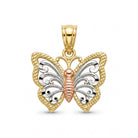 A two-tone butterfly pendant featuring textured yellow gold borders, silver-toned scrollwork wings, and a rose gold-toned center body, shown on a clean white background.