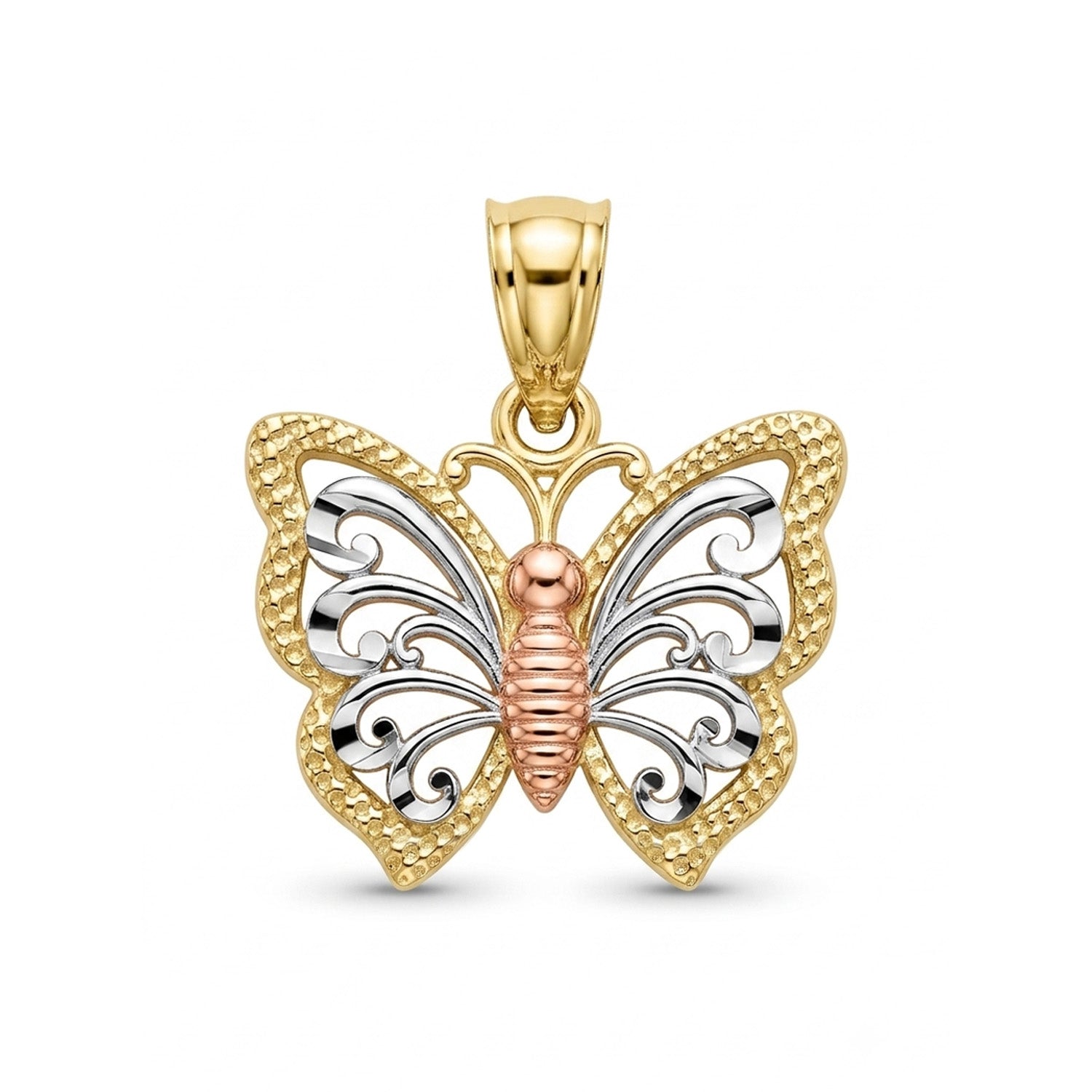 A two-tone butterfly pendant featuring textured yellow gold borders, silver-toned scrollwork wings, and a rose gold-toned center body, shown on a clean white background.