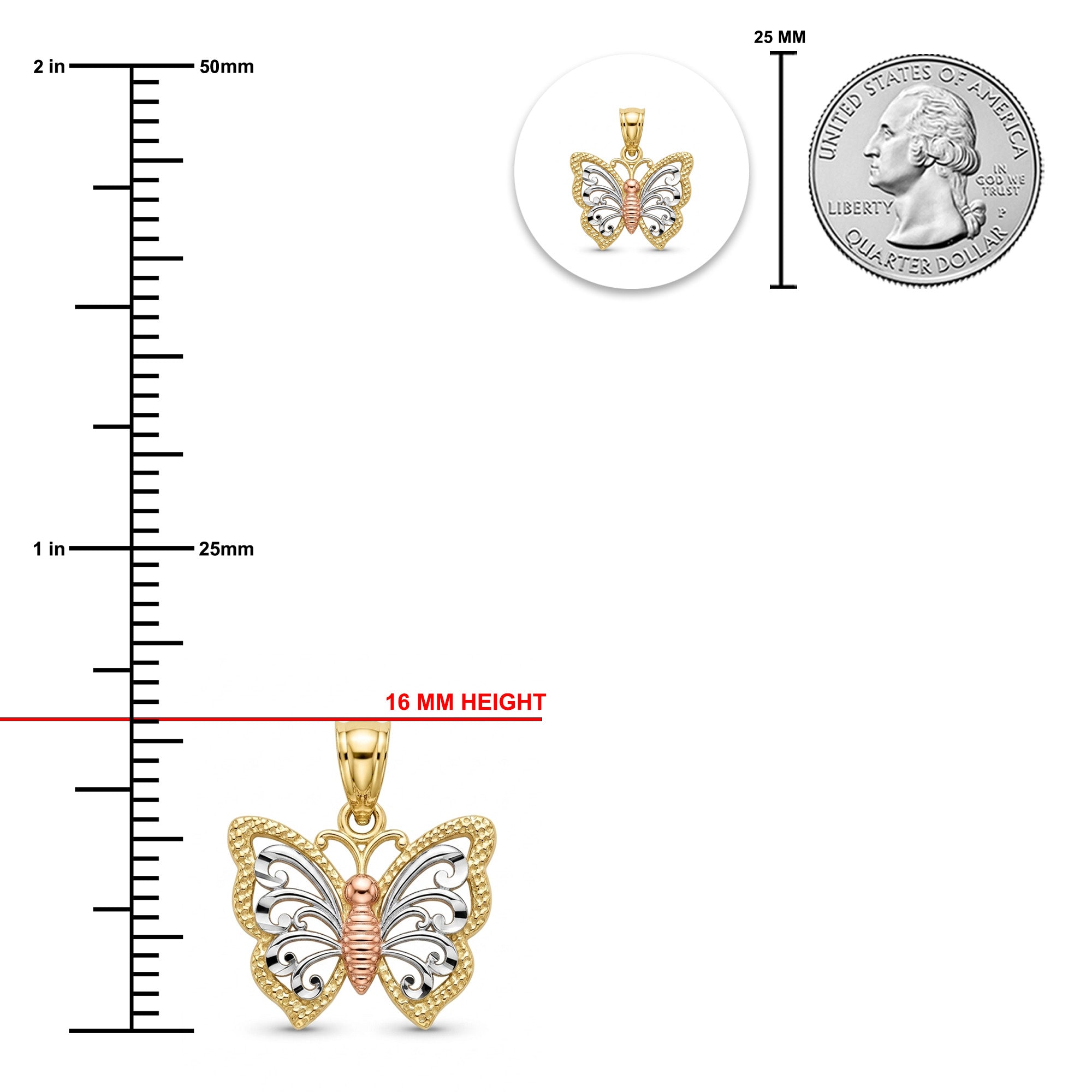 A butterfly pendant shown with measurement markings, including a 16 mm height indicator and a 25 mm scale reference next to a U.S.