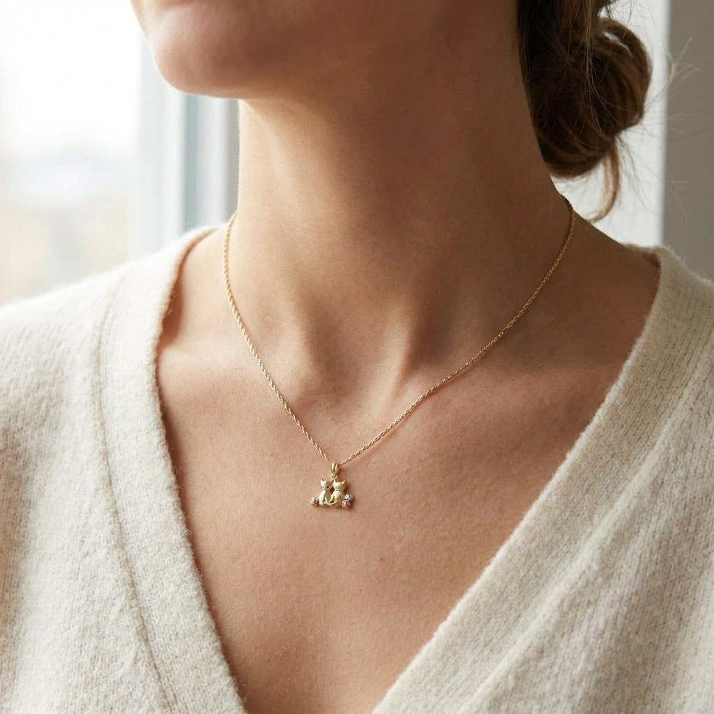 gold cat pendant worn by female model 