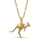 [group: gold-plated] Gold kangaroo pendant on a chain against a white background