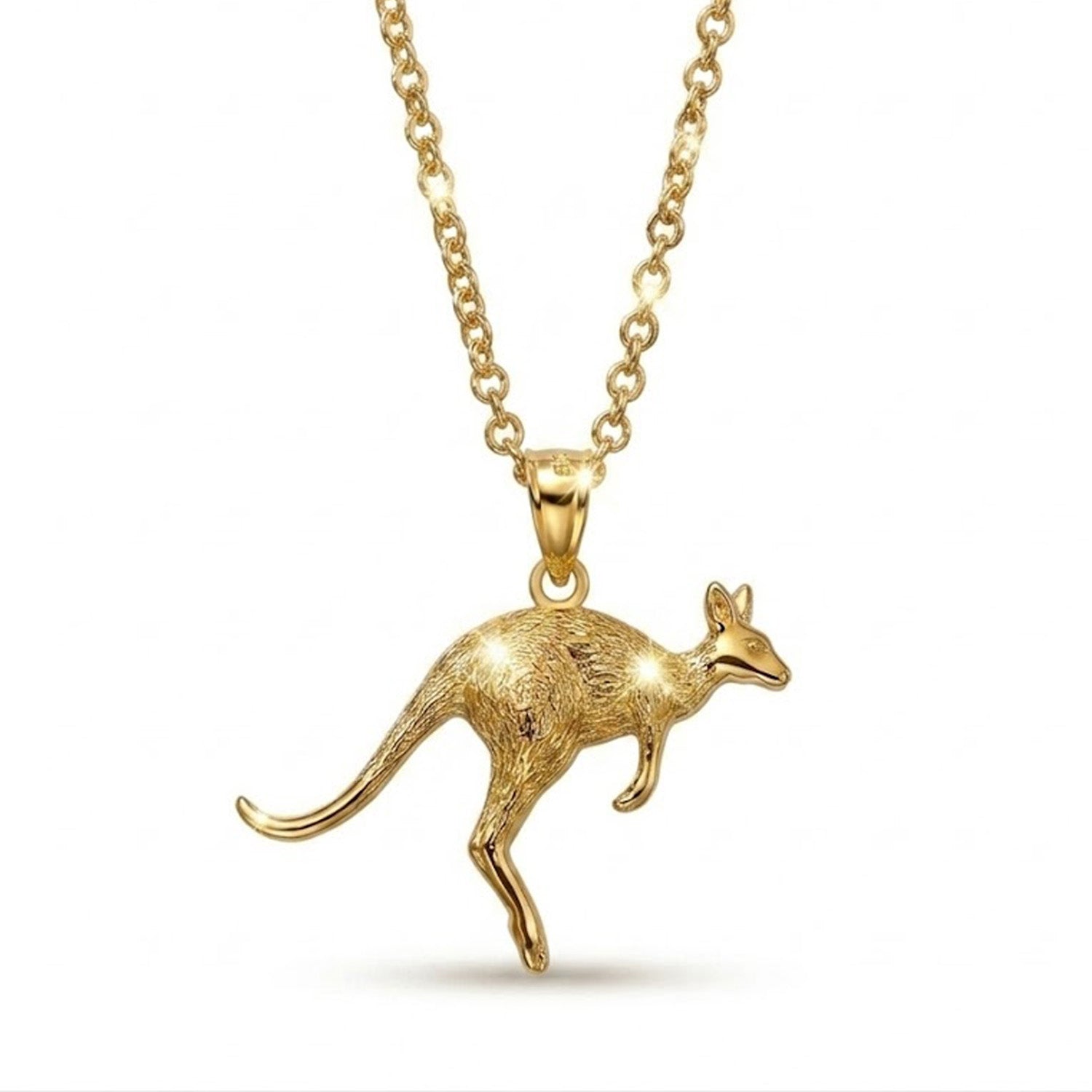[group: gold-plated] Gold kangaroo pendant on a chain against a white background