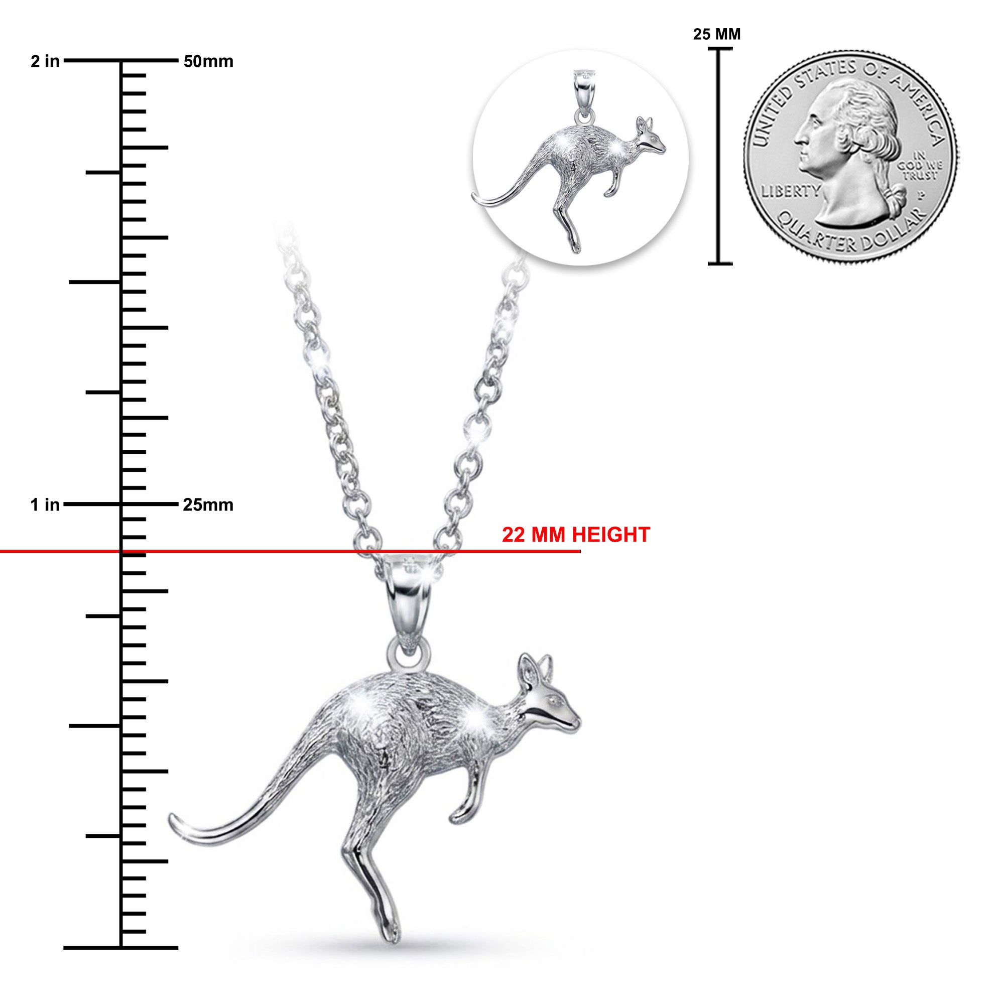 [group:silver] silver kangaroo necklace  Silver kangaroo pendant necklace with measurements on a white background
