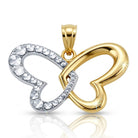 [group: 10k-gold] Gold and silver heart-shaped pendant with clear stones on a white background