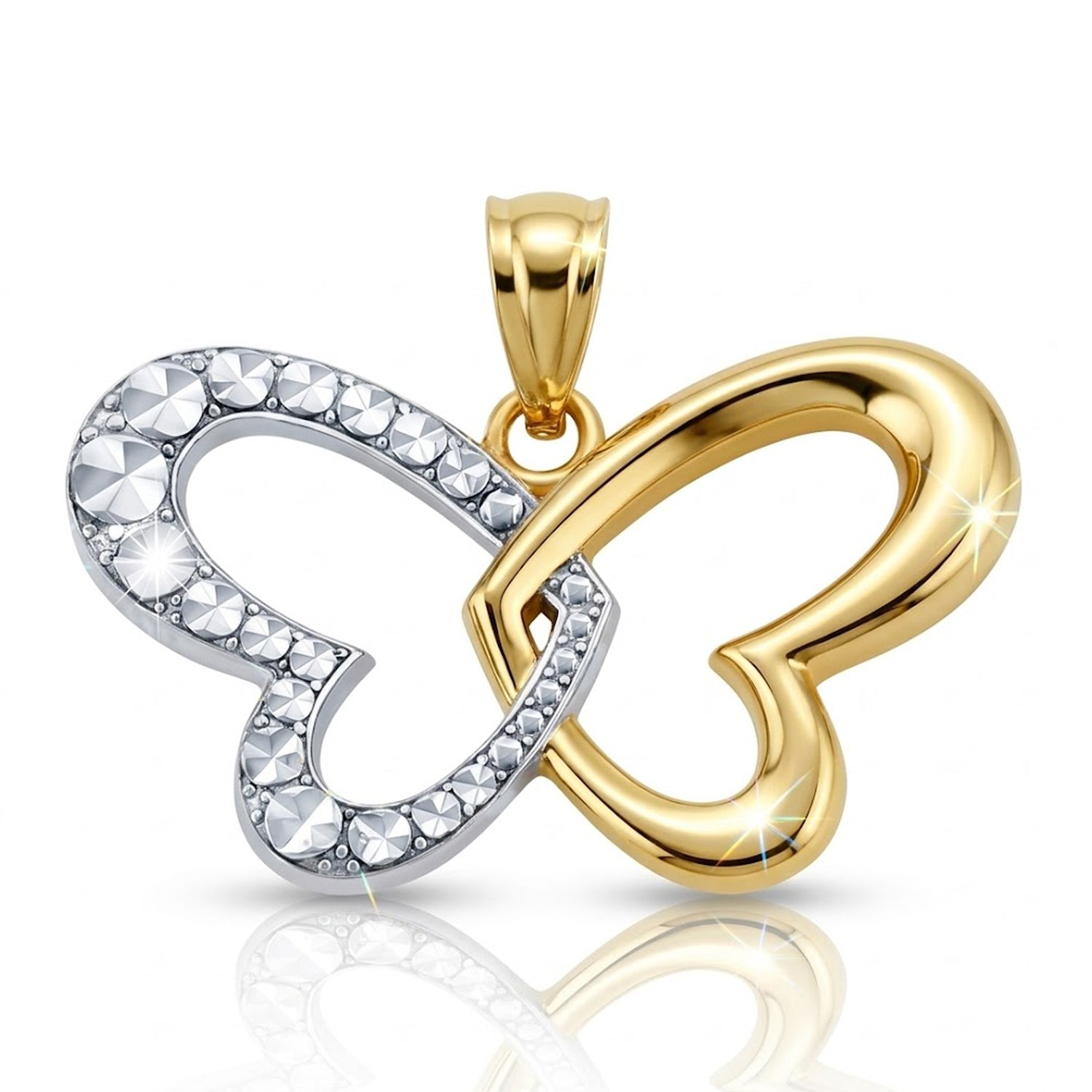 [group: 10k-gold] Gold and silver heart-shaped pendant with clear stones on a white background