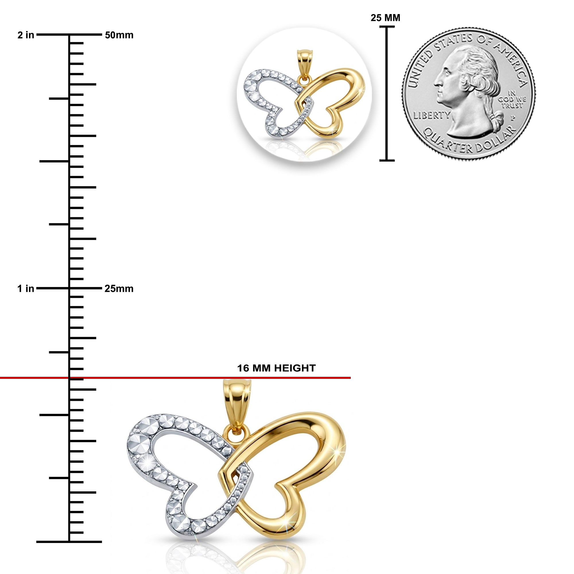 [group: 10k-gold] Gold and silver heart-shaped pendant with clear stones on a white background