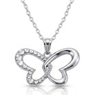 Silver butterfly pendant necklace on a white background