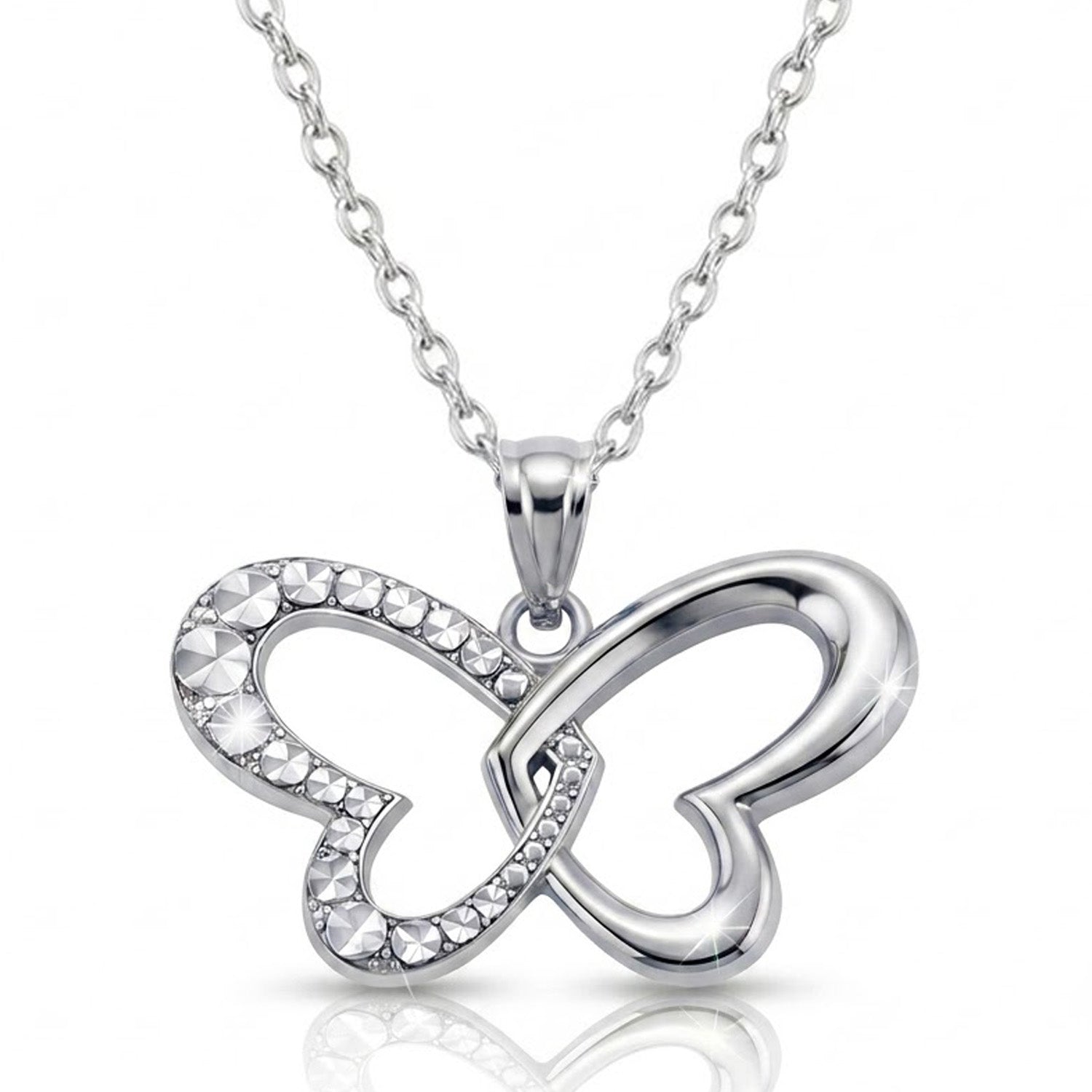 [group: silver] Silver butterfly pendant necklace on a white background