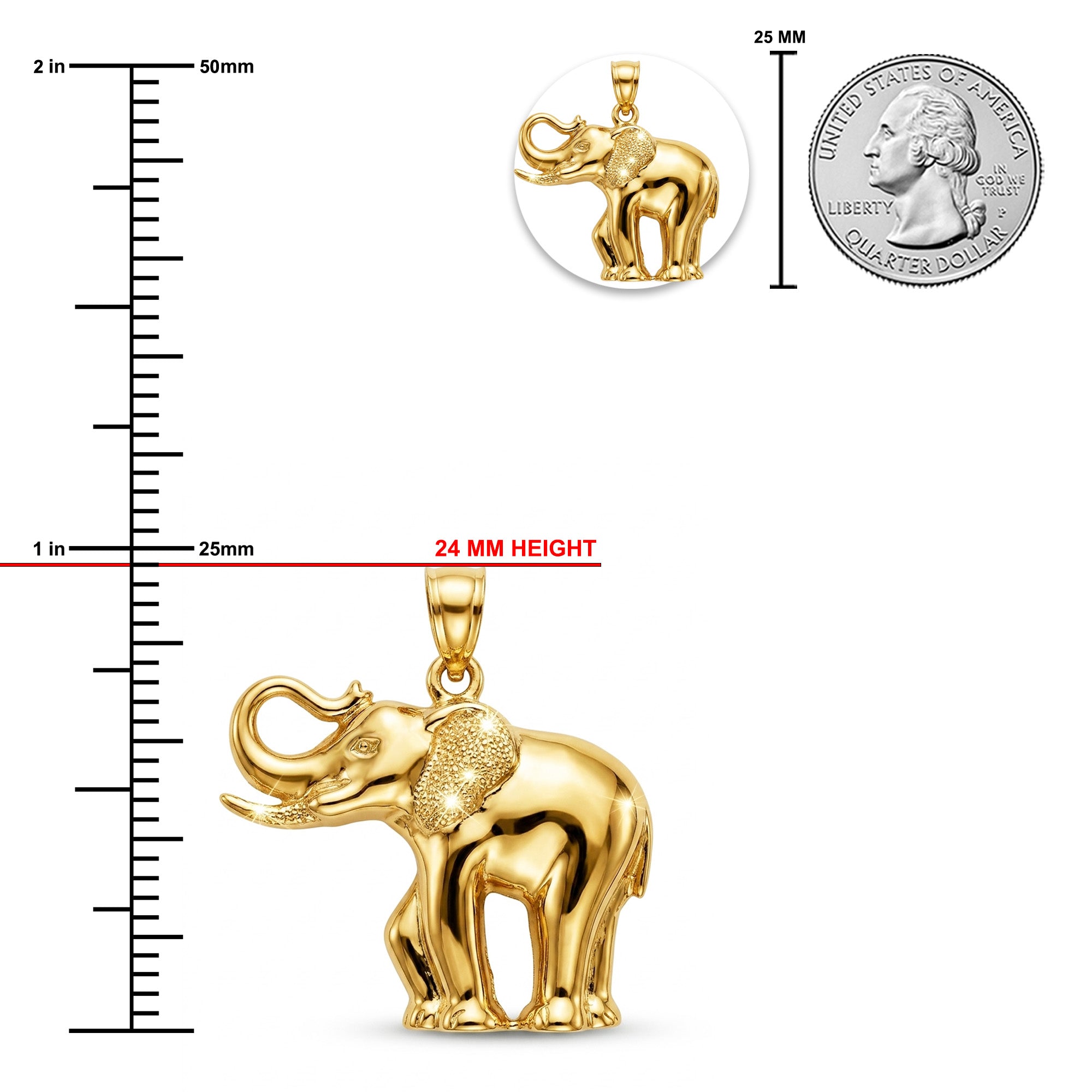 Gold elephant pendant with measurements against a white background