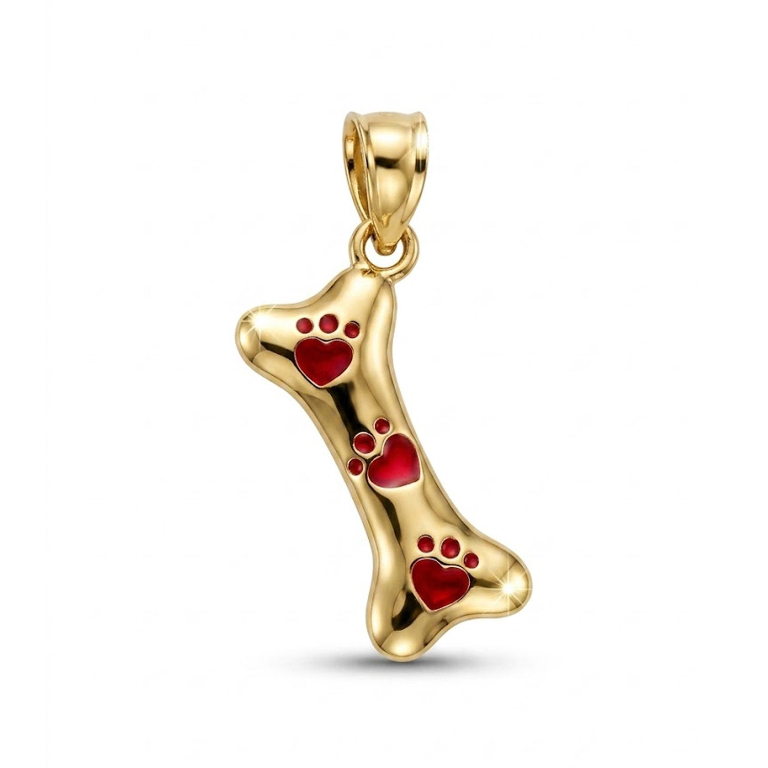 Gold pendant shaped like a bone with red paw prints on a white background