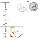 Gold dove-shaped object with measurements and a quarter for scale on a white background