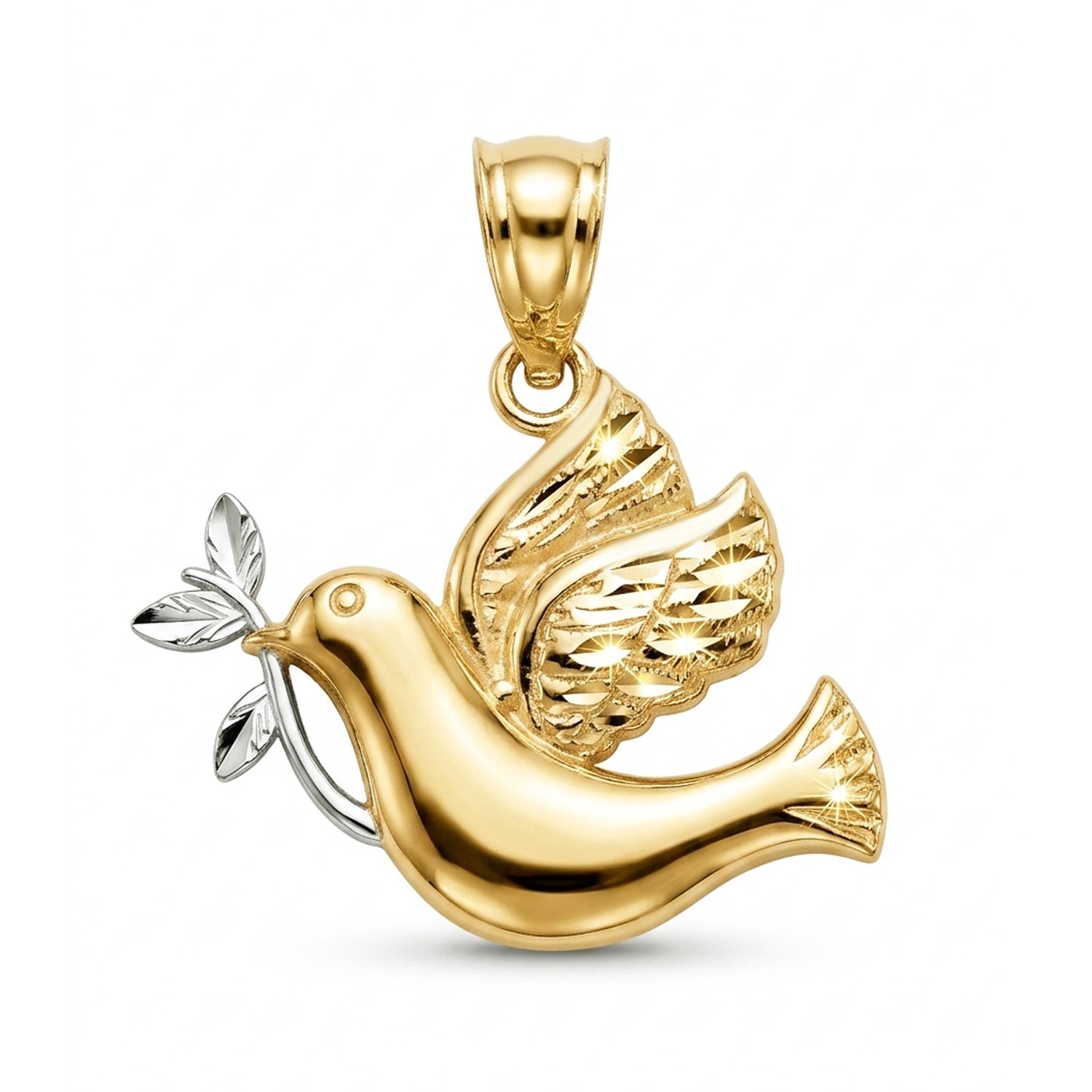 Gold dove pendant with a silver olive branch on a white background
