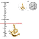Gold dove pendant with measurements against a white background