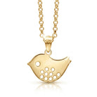 [group:gold-plated] Gold bird-shaped pendant on a chain against a white background