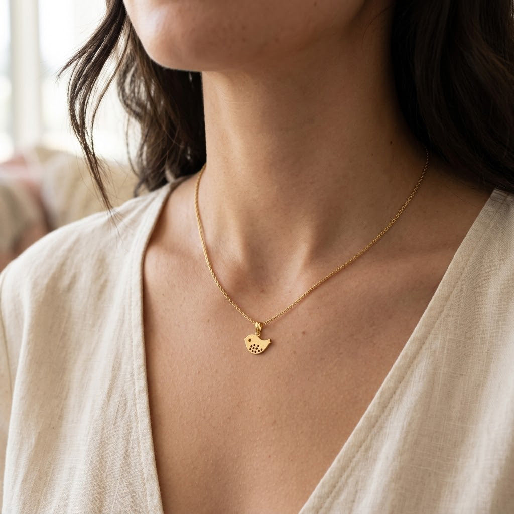 [group:10k-gold] Gold necklace with a heart pendant worn by a person in a light-colored top.