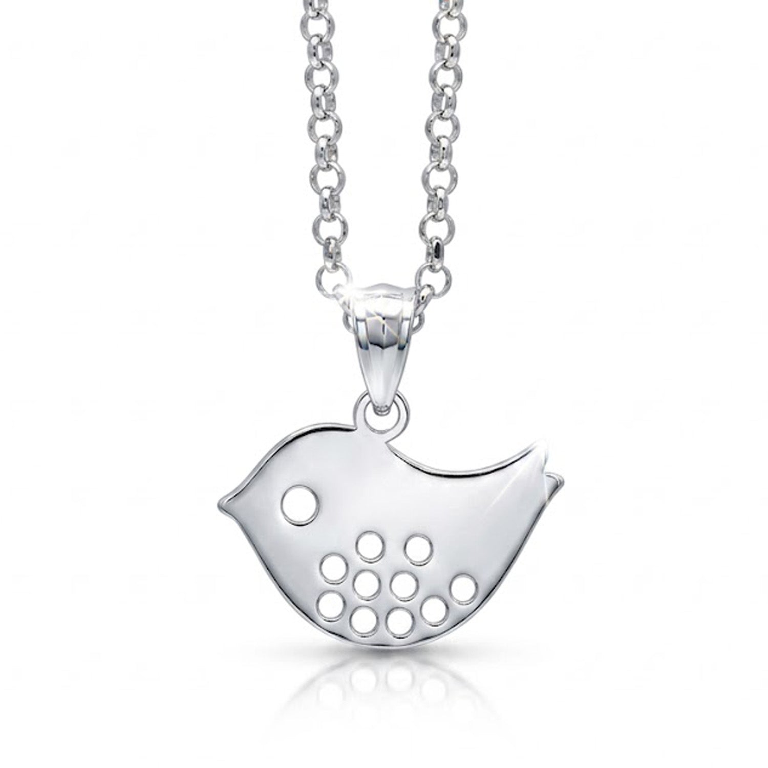 [group:silver] Silver bird-shaped pendant necklace on a white background