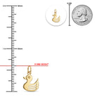 Gold duck charm pendant shown with a measurement ruler in millimeters and inches, a 25 mm US quarter coin for scale, and a circular inset of the charm.