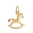 A polished yellow gold rocking horse charm pendant with a decorative bail at the top, shown on a clean white background.