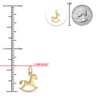 Gold rocking horse pendant shown on a white background with measurement guides, a 15 mm height label, a 25 mm scale bar, and a U.S.