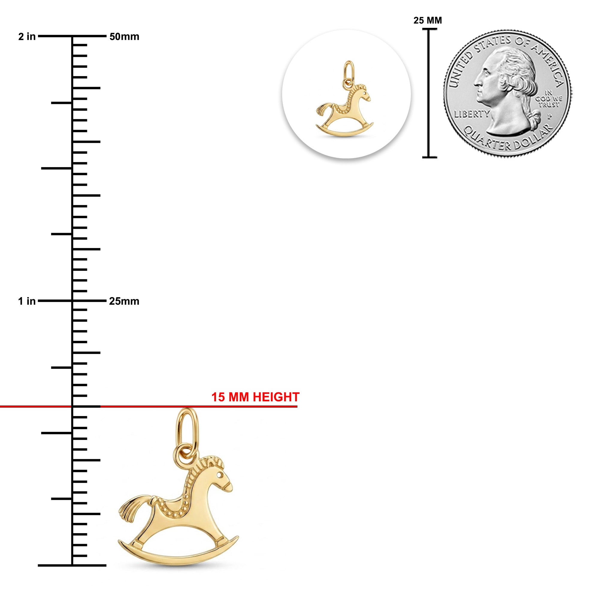 Gold rocking horse pendant shown on a white background with measurement guides, a 15 mm height label, a 25 mm scale bar, and a U.S.