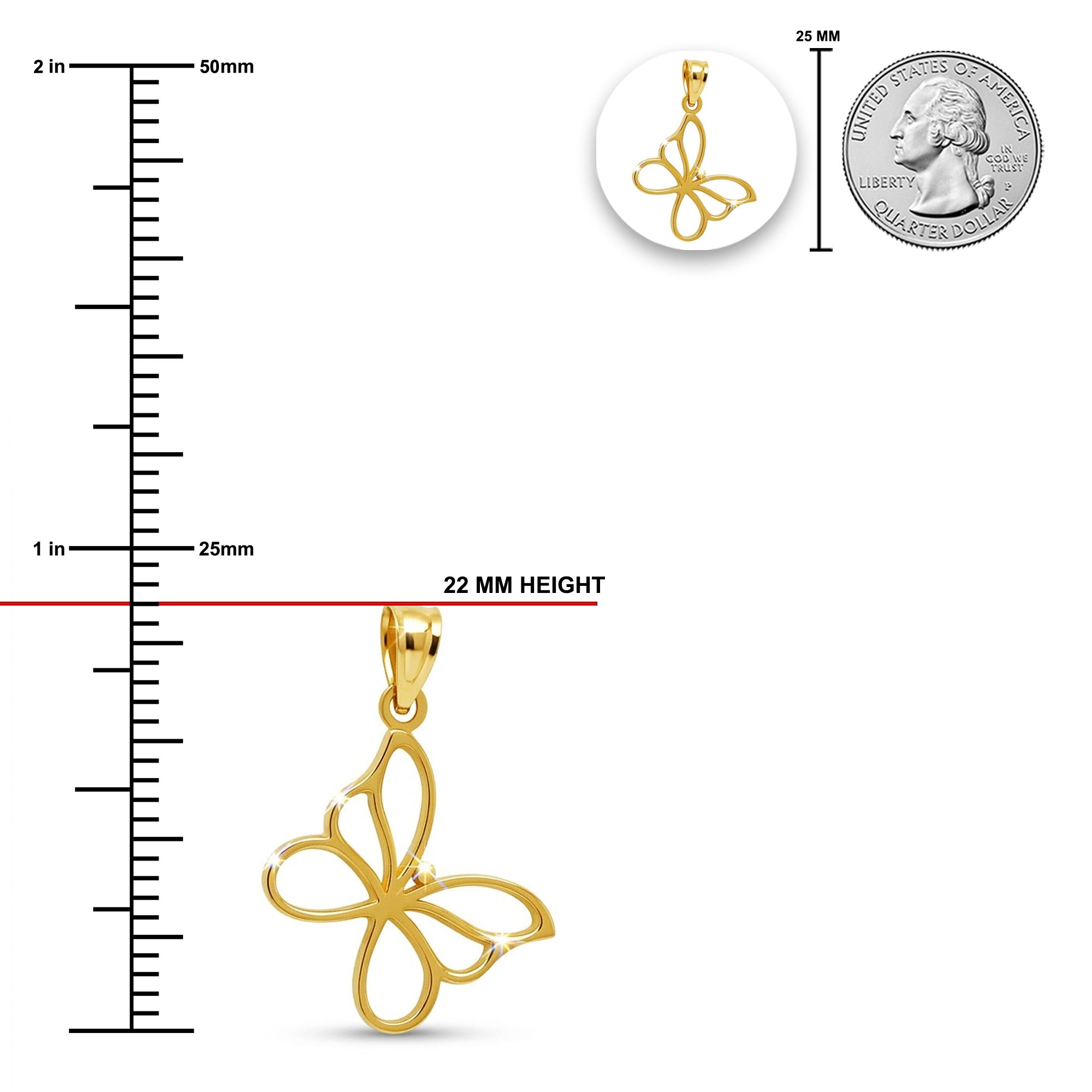 Gold butterfly pendant with size measurement against a coin for scale on a white background