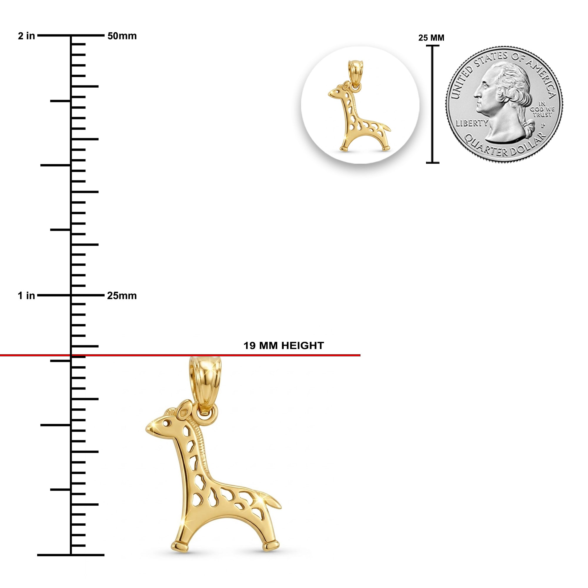 Gold giraffe pendant with size measurement against a quarter for scale on a white background