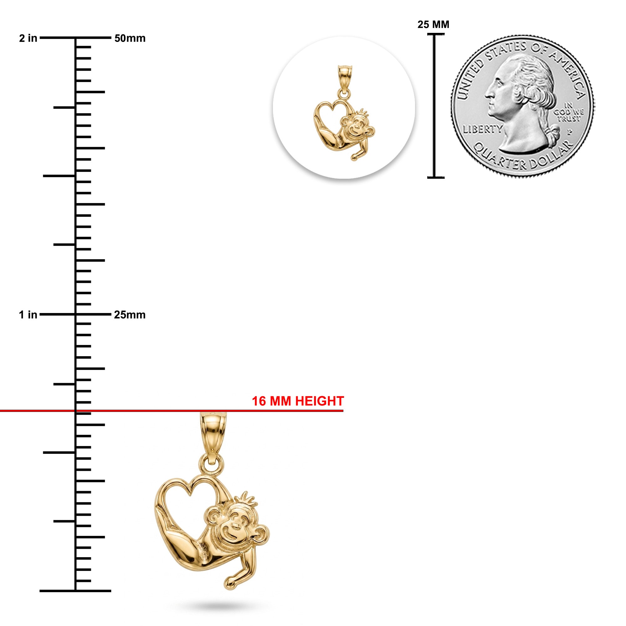 Gold monkey heart pendant shown with a measurement ruler, a 25 mm US quarter coin for scale, and a small inset of the pendant on a white background.