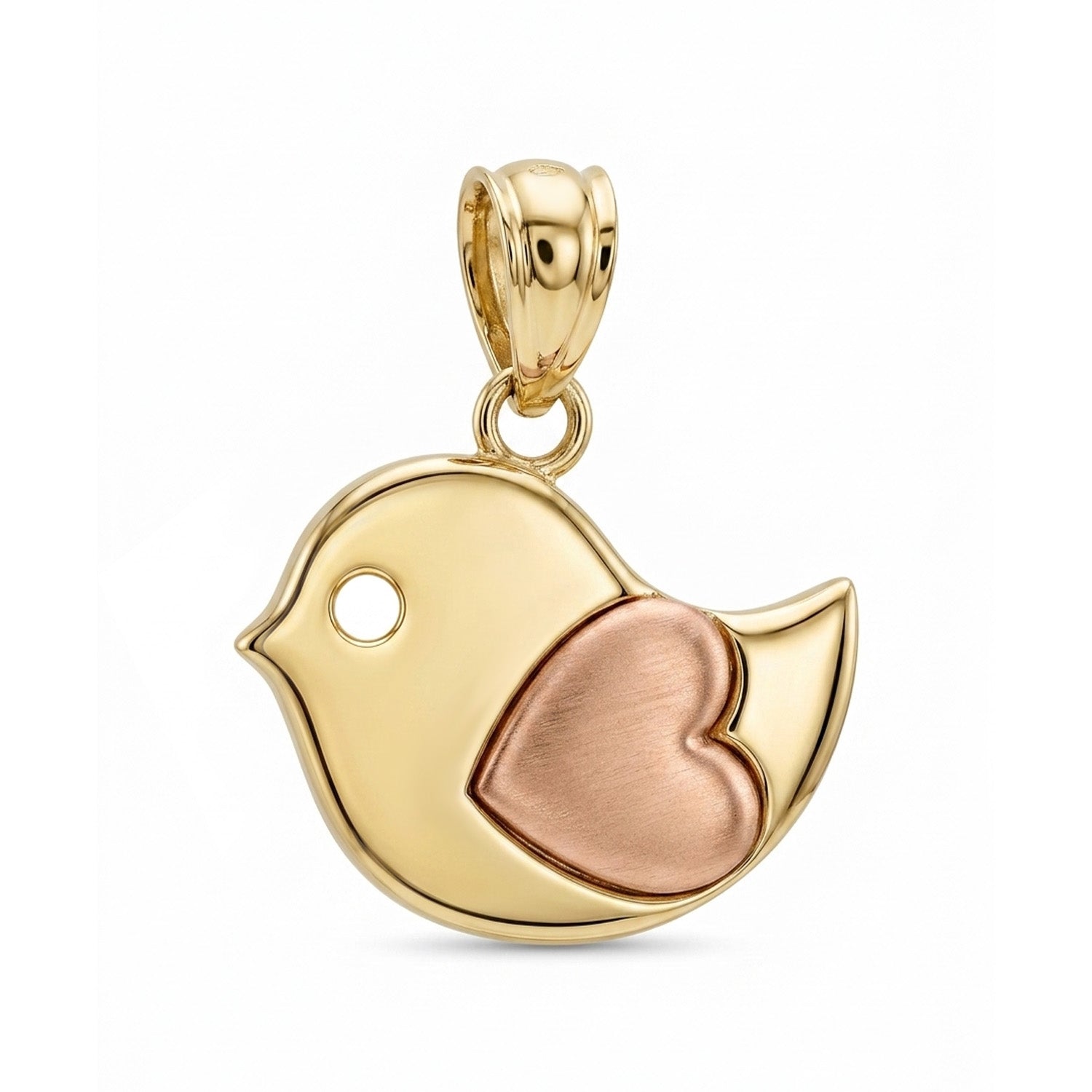 A gold bird pendant charm featuring a brushed rose gold heart on its chest, shown on a clean white background.