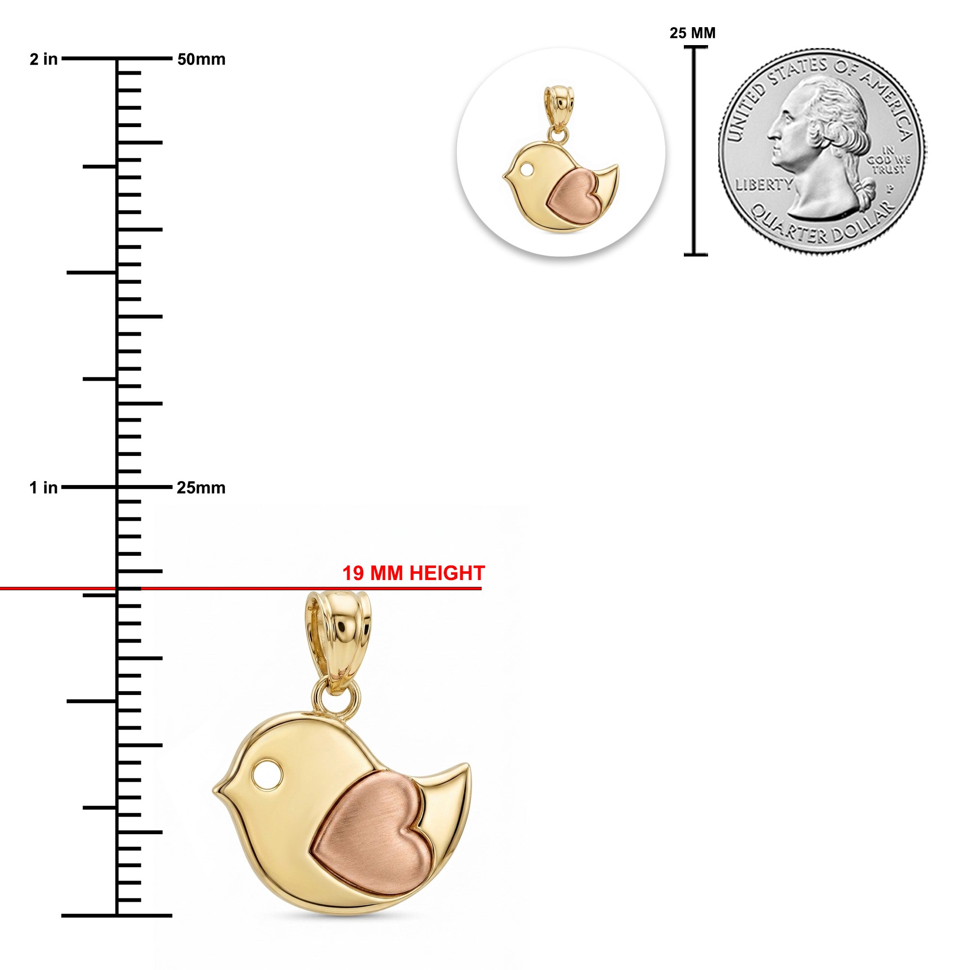 Gold bird pendant charm with a rose gold heart inlay, shown with a 19 mm height measurement, a 25 mm scale ruler, and a US quarter coin for size comparison on a white background.