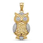 Gold owl pendant with diamond eyes on a white background
