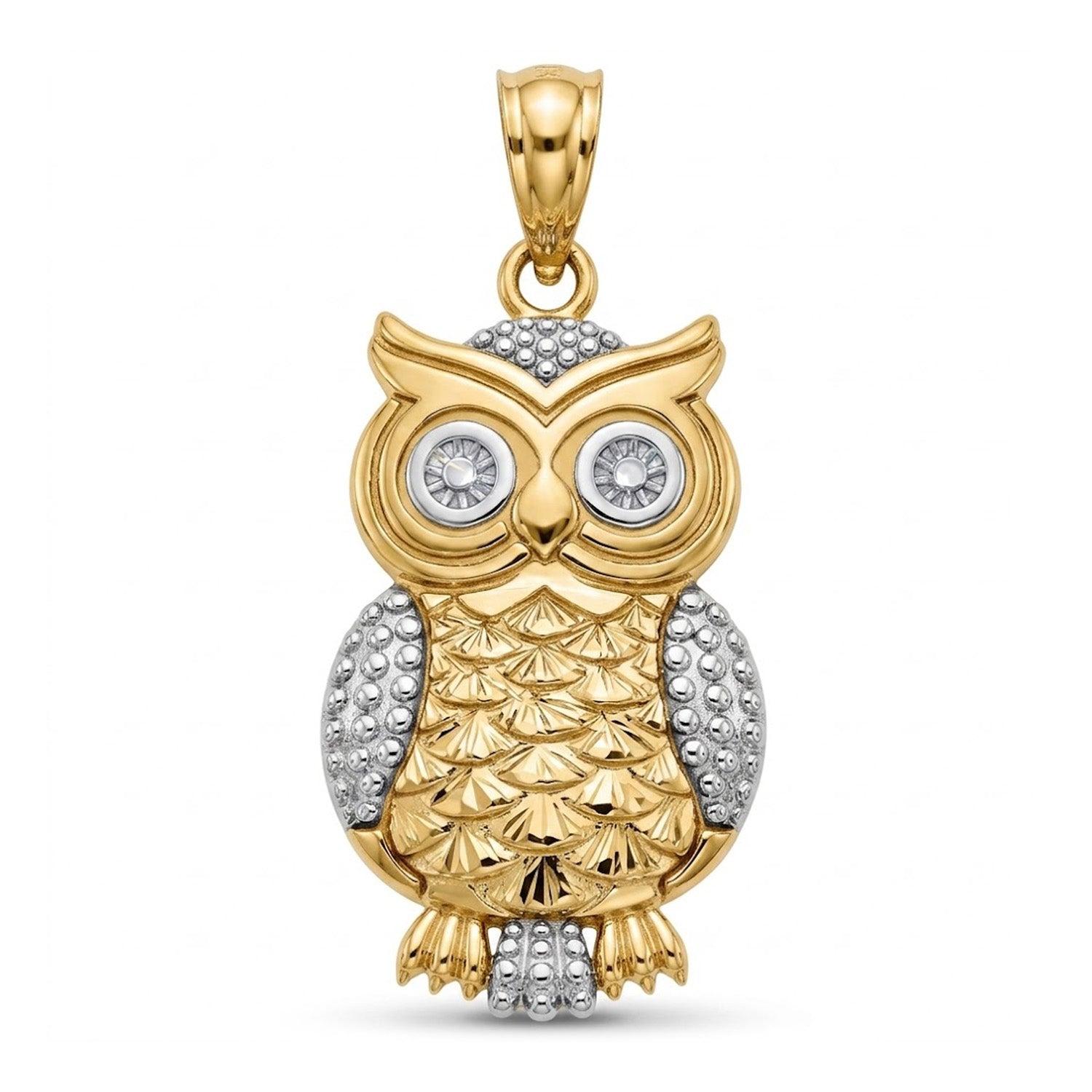 Gold owl pendant with diamond eyes on a white background